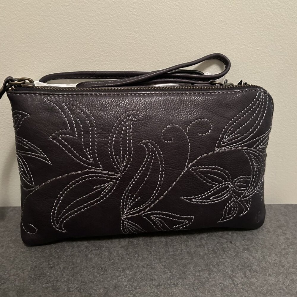 NEW FRYE 11.5" BLACK HADLEY LEATHER FLORAL EMBROIDERED CROSSBODY CLUTCH POUCH